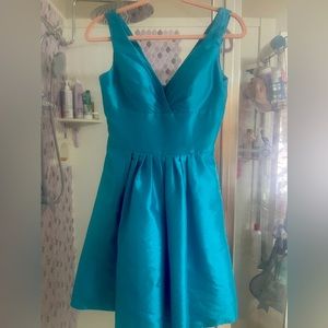 Aqua blue charmeuse David’s Bridal bridesmade/prom dress